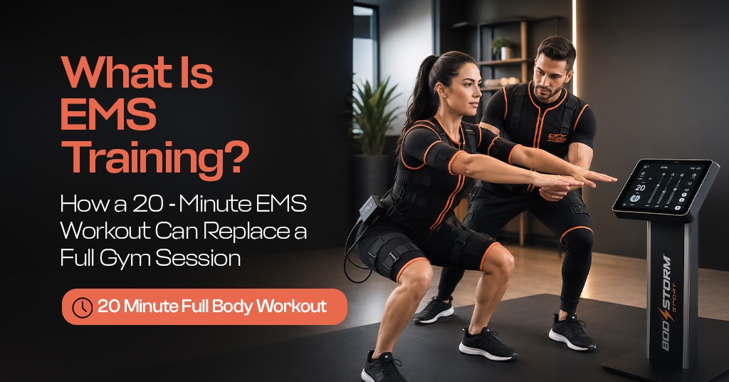 Client wearing a wireless EMS suit during a 20-minute EMS training session with a personal trainer at BodyStorm Sport in Qatar.
