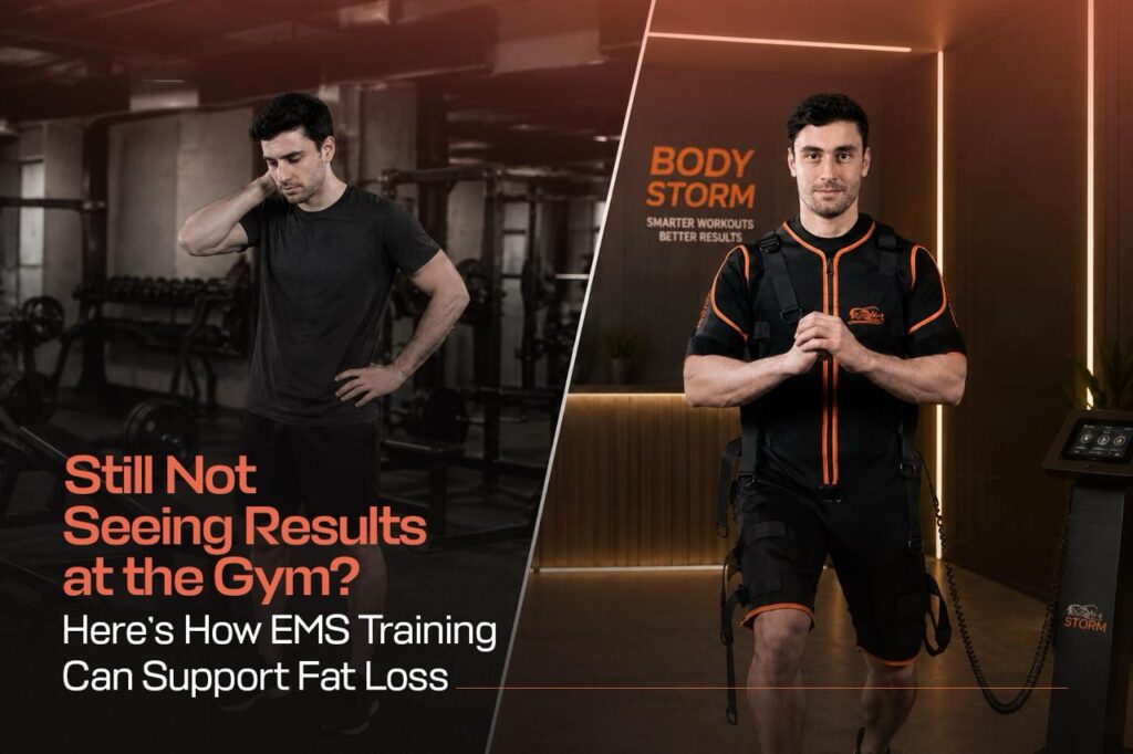 Body Storm EMS training for fat loss in Qatar, showing a traditional gym workout compared with EMS training